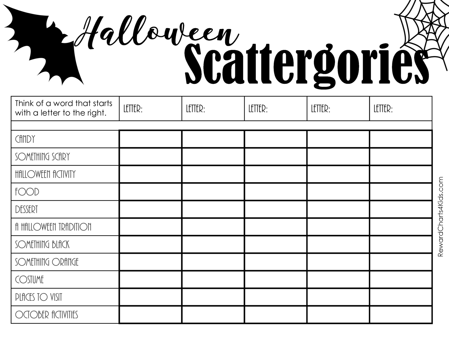halloween scattergories for kids