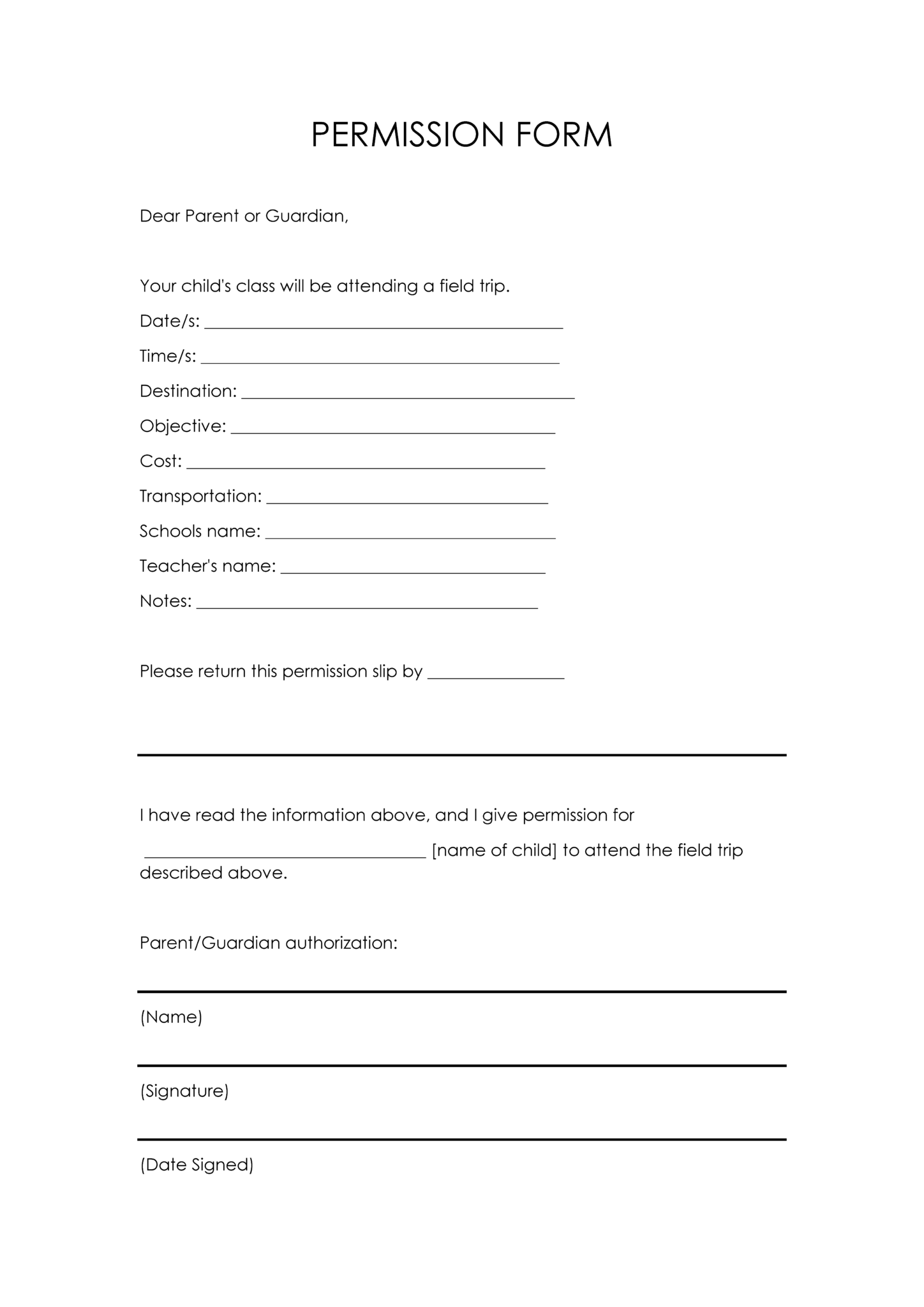 FREE Editable Permission Slip Template | Instant Download