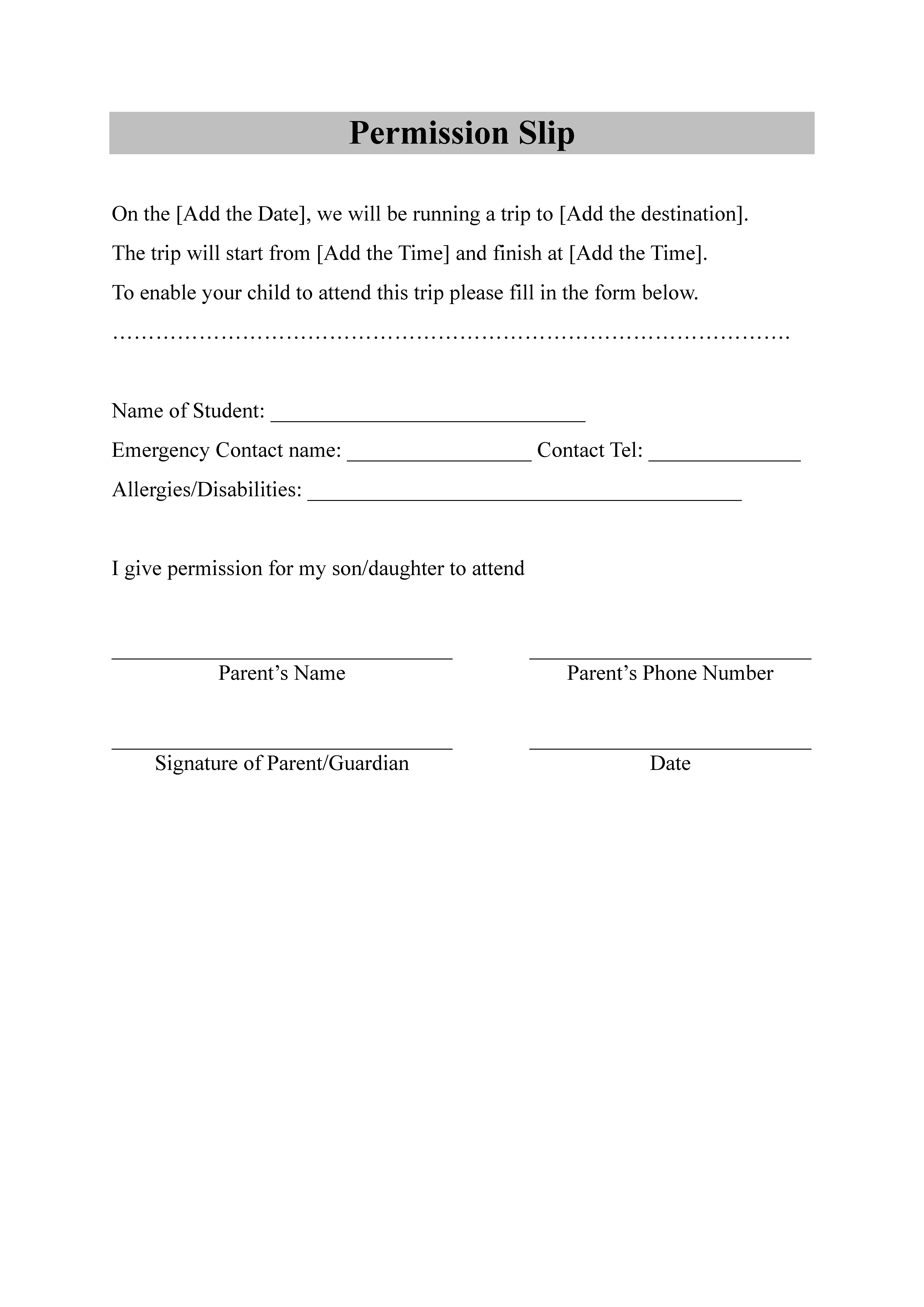 Free Editable Permission Slip Template Instant Download