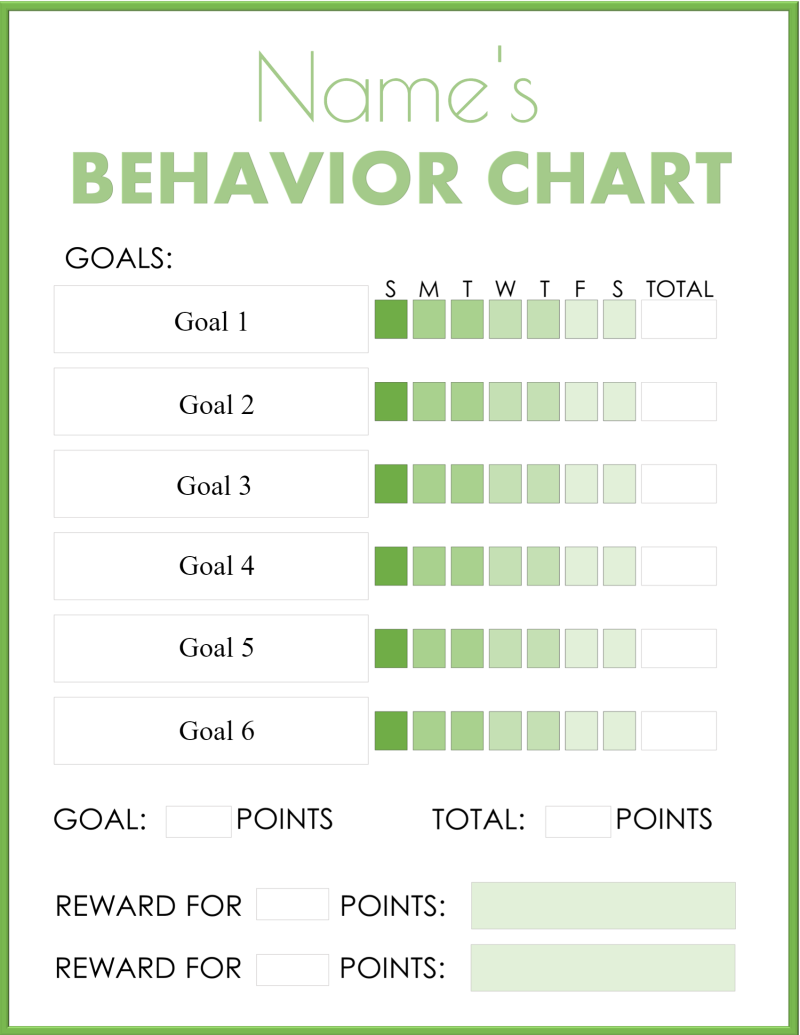 Behavior Chart - Sunday Start - 6 Goals - Green