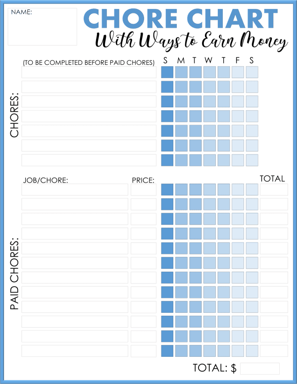 Chore chart with paid chores - blue