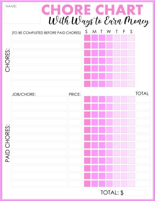 Chore chart with paid chores - pink