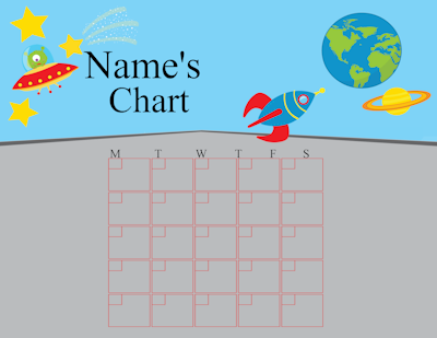 5 day week Chart with a blank monthly calendar and a space theme