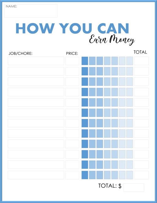 Allowance chart with paid chores - blue