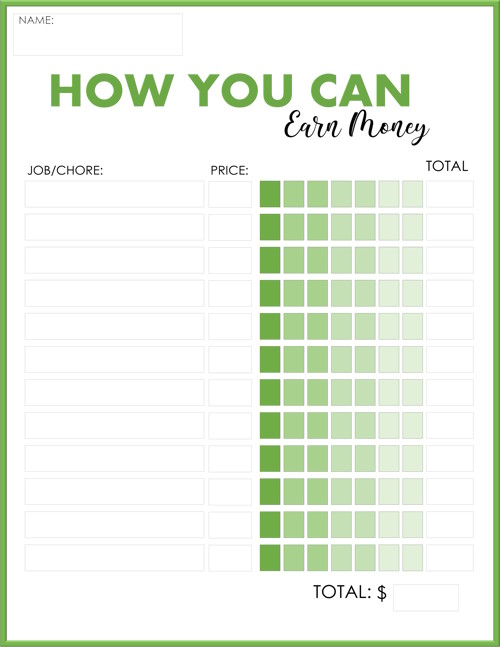 Allowance Chore Chart with Prices - Green