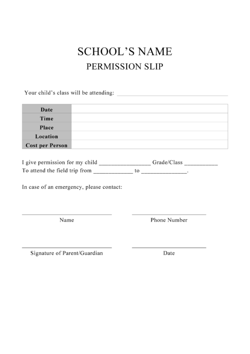 examples of permission slips for field trips